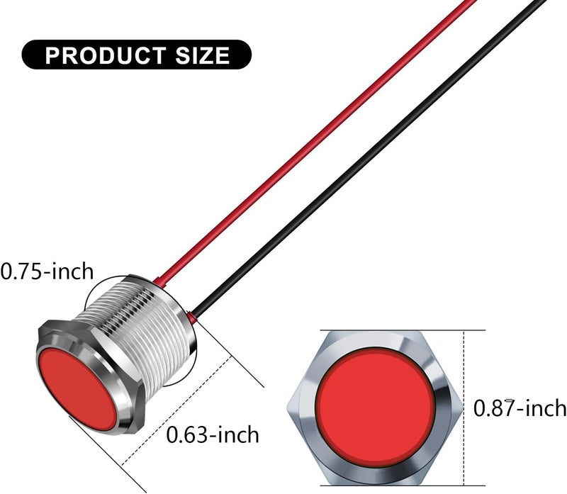 FICOLPO 10 قطع ضوء مؤشر معدني LED مقاوم للماء، 12-24 فولت، ثقب تركيب 0.75 بوصة مزود بأسلاك مسبقة للإشارة الضوئية للسيارات والشاحنات والقوارب والبحرية والعدادات والكهرباء الصناعية (أحمر، 19 مم) - Image 3